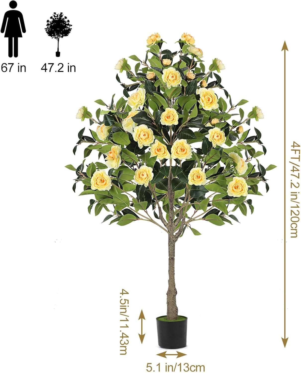 4FT Artificial Camellia Tree 2 Pack 47" Faux Camellia Plant with Black Pot, Realistic Leaves and Silk Floral Blooming for Indoor Outdoor Home Office Porch Decor, Yellow