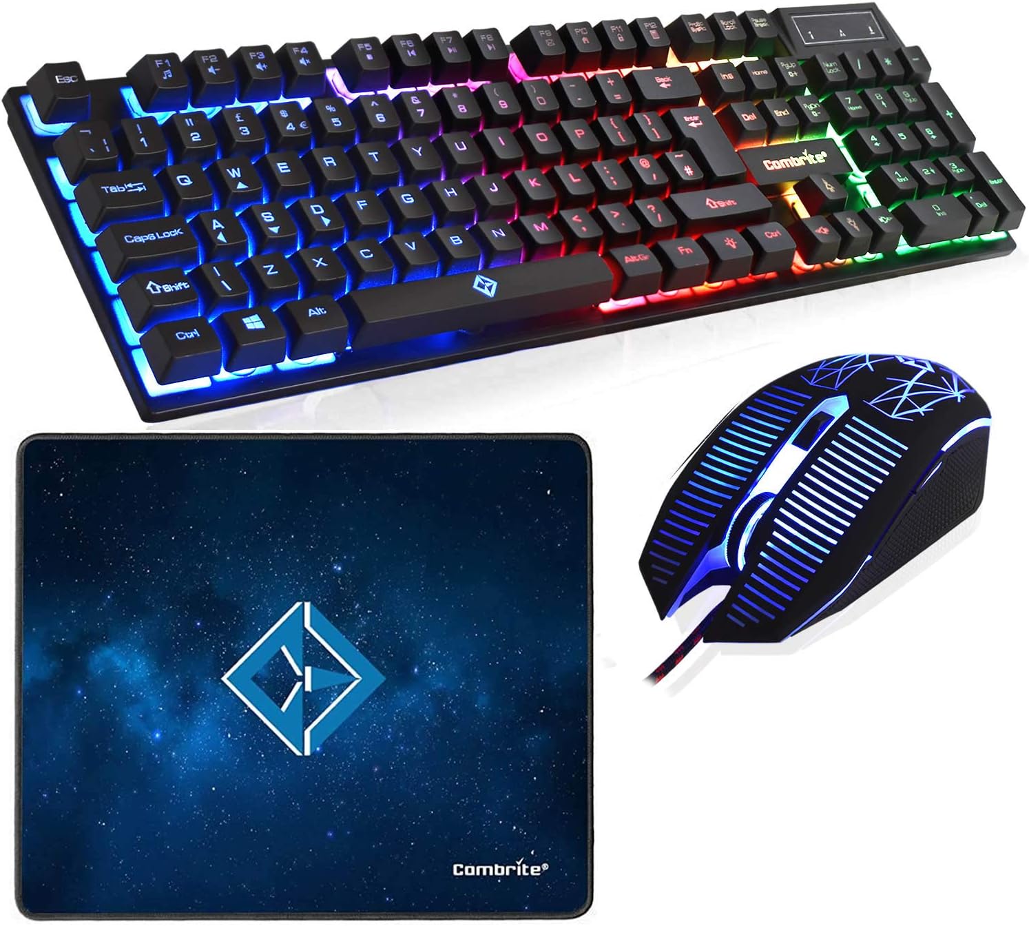 Raptor Gaming Keyboard And Mouse Set With Large Mouse Pad, Rainbow LED, USB Wired Desktop Combo, UK Layout, For Desktop PC, Laptop, PS4, PS5, Xbox One, Black (Black)