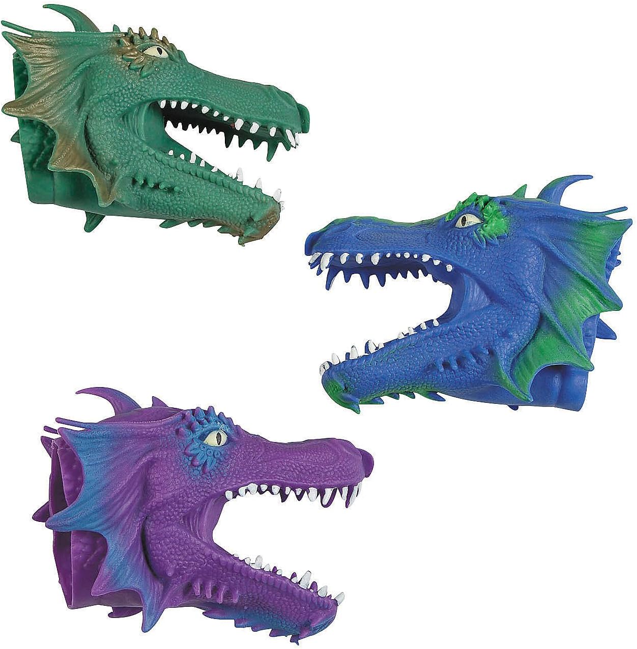 Fun Express 5" x 6 3/4" Green, Blue & Purple Dragon Rubber Hand Puppets - 12 Pc.