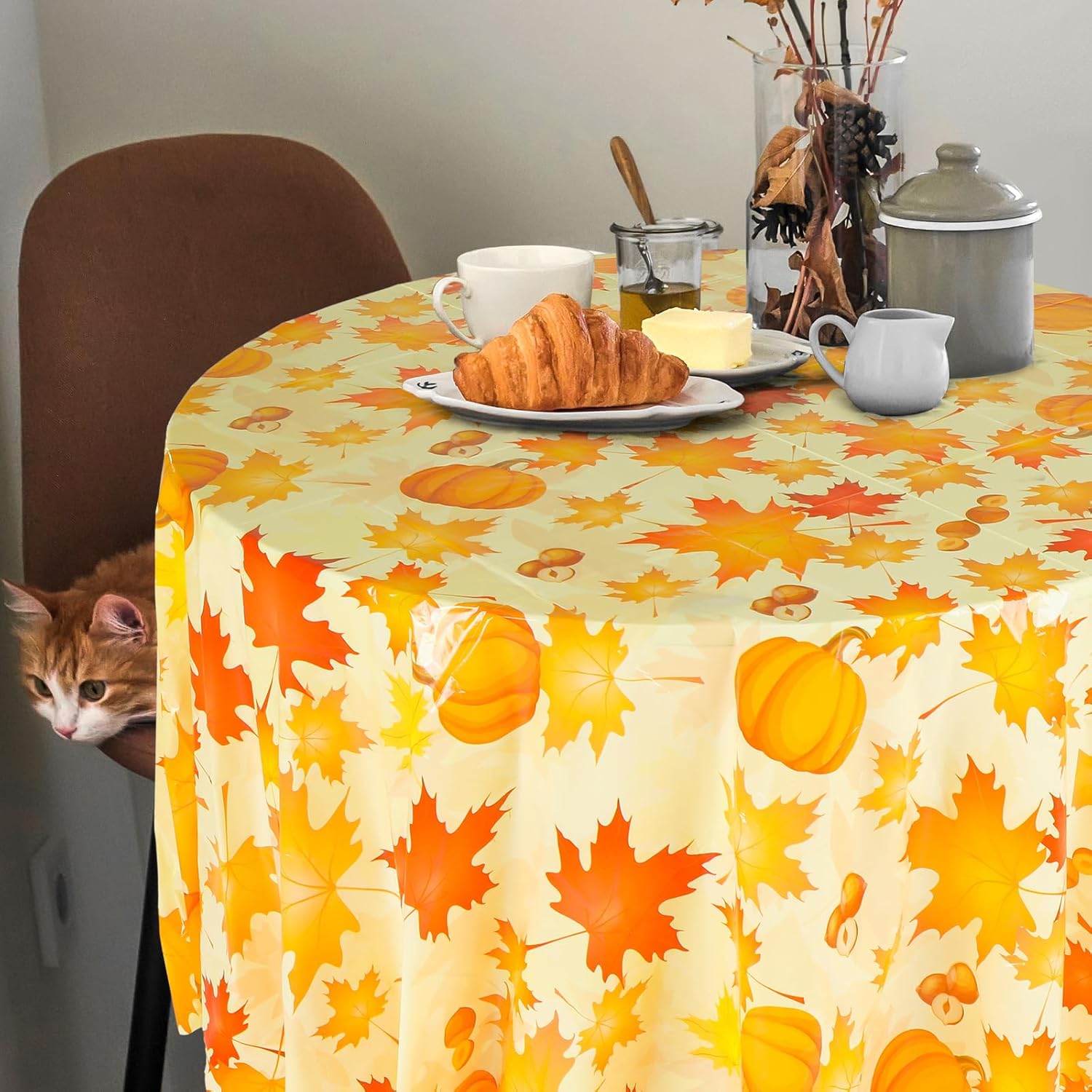 LemonRoad 6 Pcs Thanksgiving Fall Plastic Round Tablecloth 84 Inch Fall Disposable Table Cover Autumn Maple Leaves Pumpkin Circular Table Cloth for Thanksgiving Harvest Birthday Party Decoration