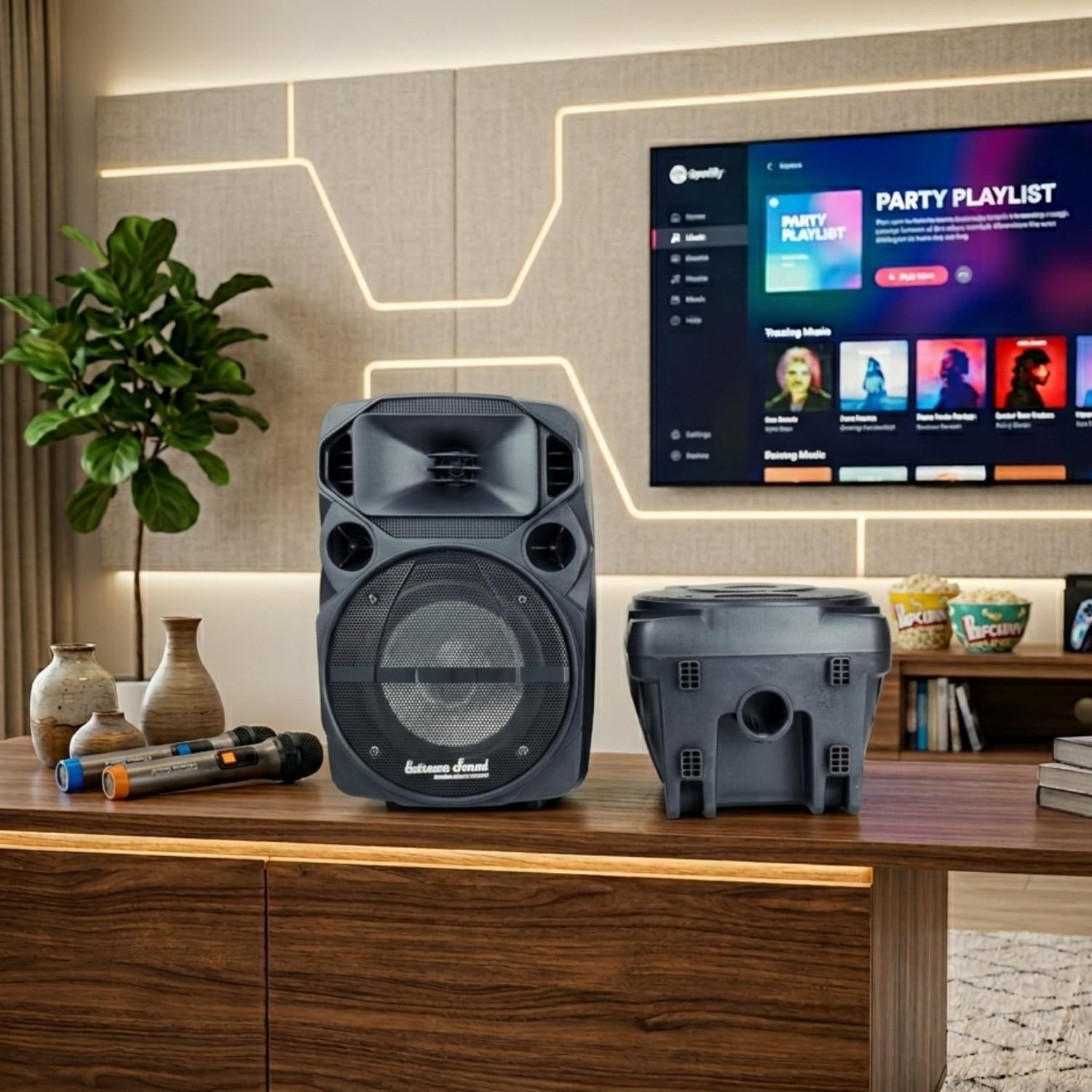 Coppia Casse Attiva + Passiva Con 2 Microfoni Wireless e Bluetooth - MINI KIT Per Karaoke, Per Piccoli Eventi e Feste- 2 Stativi Inclusi - Casse Audio Complete