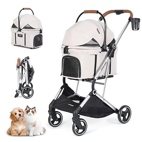 Beberoad Pets T3 Pro 3-in-1 Pet Stroller for Small Dogs & Cats â Foldable, Lightweight with Detachable Carrier, 180° Canopy & Cup Holder (Beige) - T3 Pro-Beige