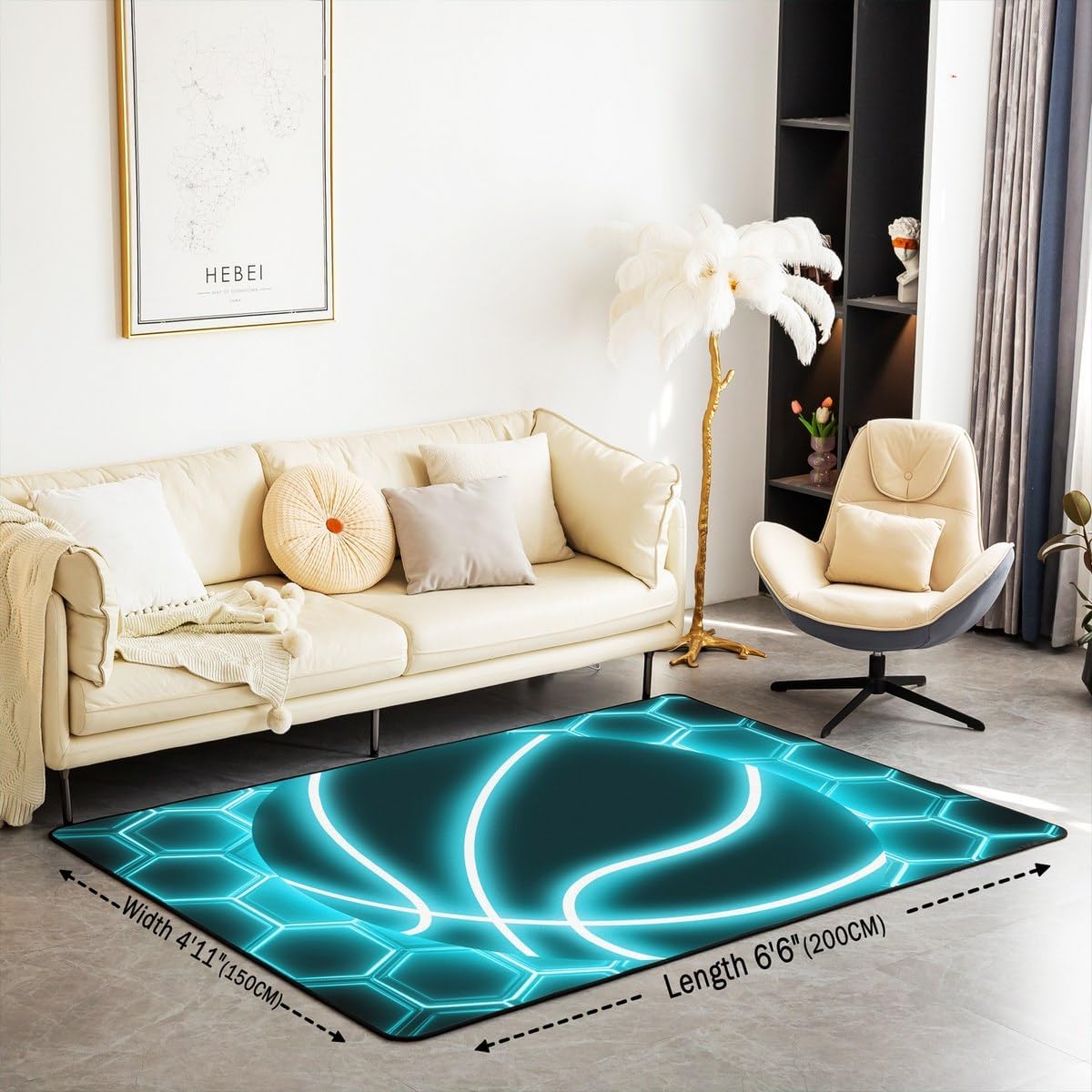 Neon Light Basketball Area Rug 3'x5' Blue Black Abstract Geometric Gird Lines Non Slip Rug for Boys Teens Men Modern Grid Hippie Simple Style Indoor Floor Mat for Chairs Bed