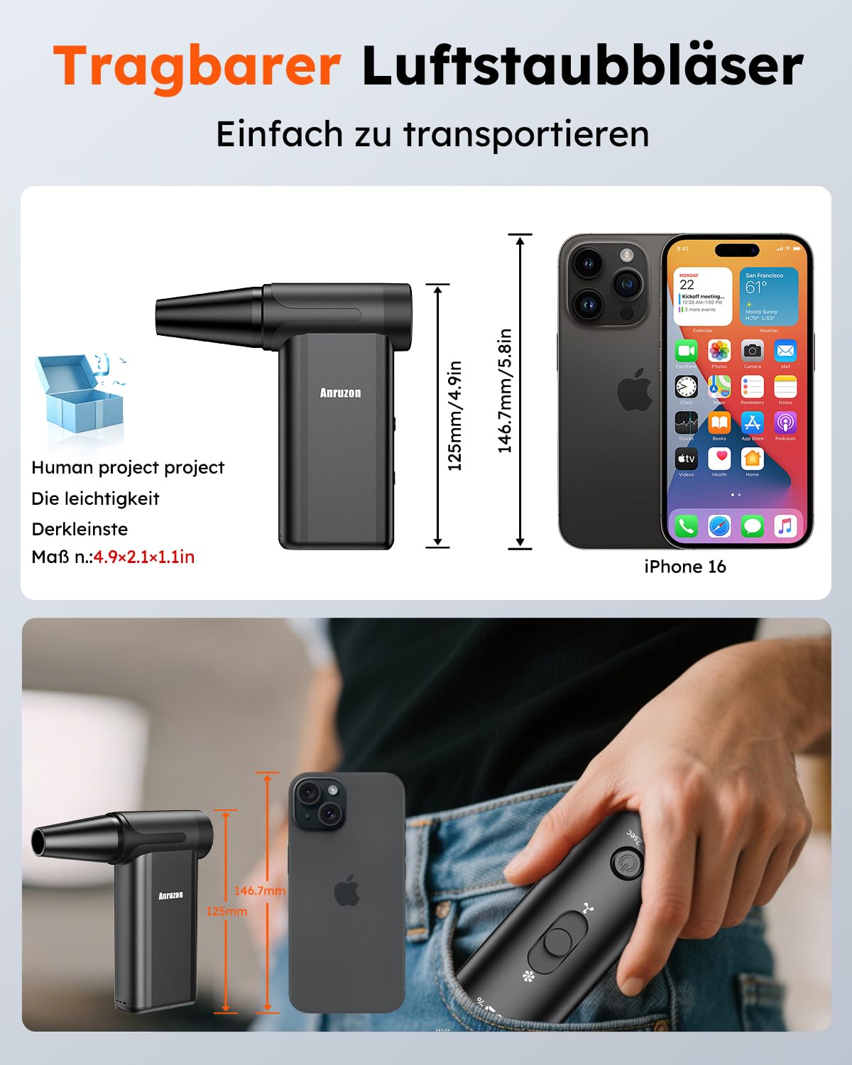 Elektrische Staubgebläse Druckluftspray für PC Reinigungsset, 300000 RPM Compressed Air Duster, 8-Gang Air Duster Luftdruckspray mit 7600mah Akku, Tastatur Reinigung für PC, Elektronik, Sofa, Auto