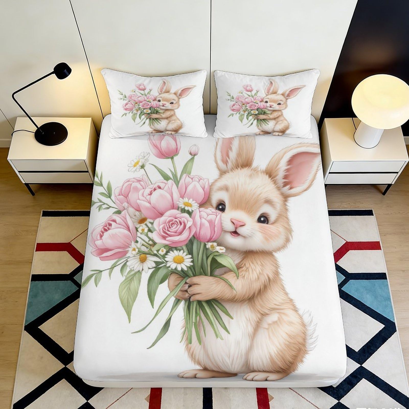 Pnayamiorkfel Style-6 3D Printed Bunny Bouquet Fitted Sheet Microfiber Soft Floral Bed Cover For Bedroom Decor Dorm Guest Mattress Protection 90X200x25cm