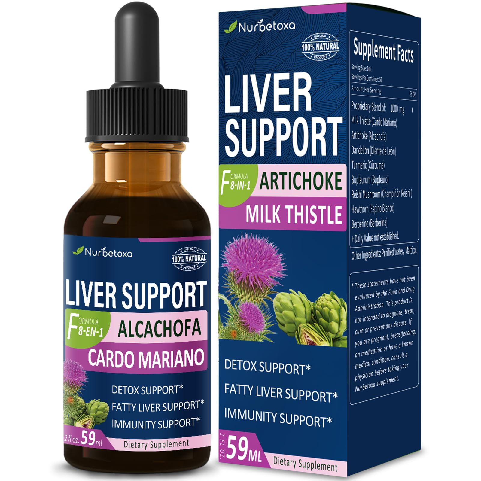 Milk Thistle & Artichoke Extract Liver Support Drops for Fatty Liver, Alcachofa, Curcuma y Cardo Mariano para el Higado Graso, Berberina para Bajar de Peso, Liver Detox & Repair Formula.2oz