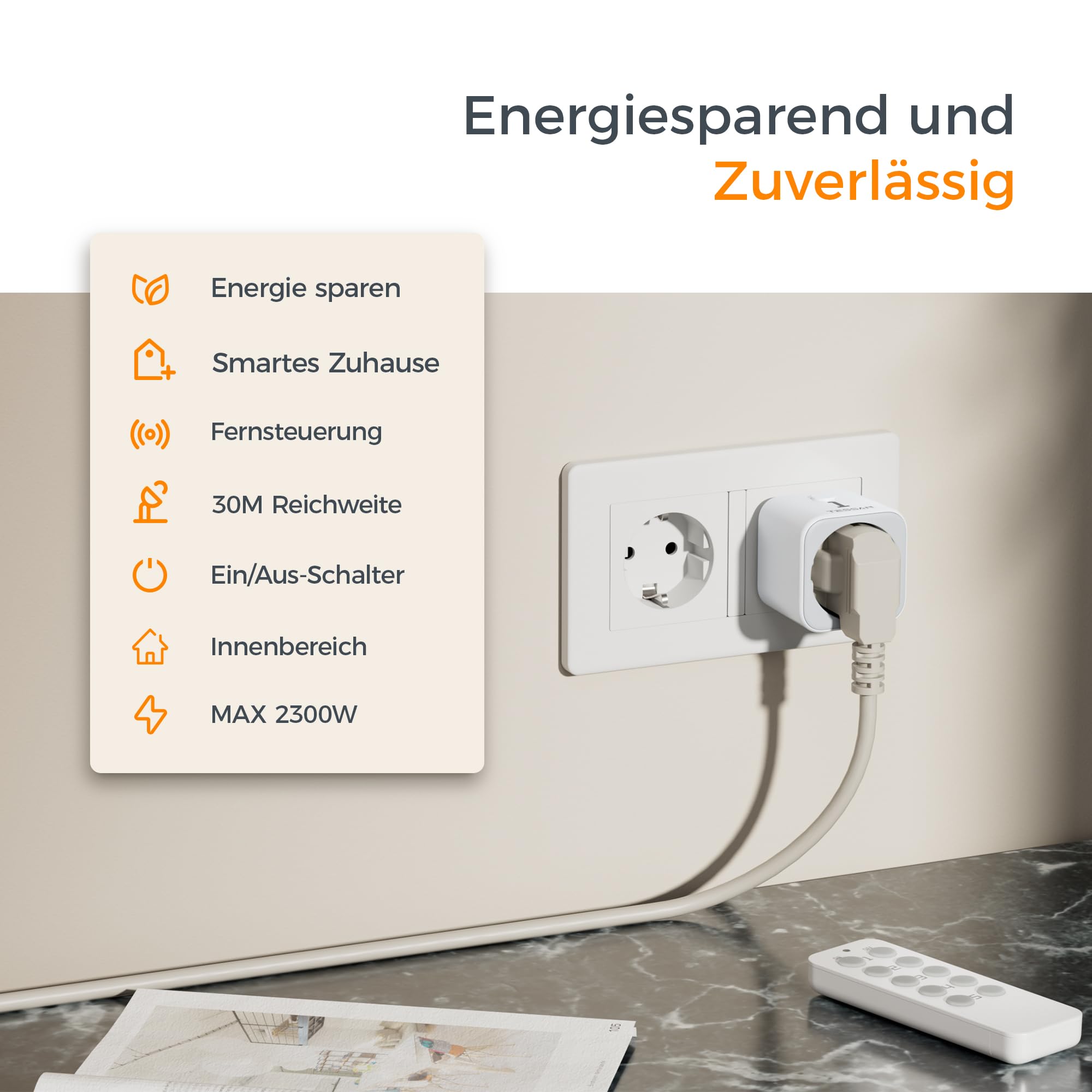 TESSAN Funksteckdosen Set, 5 Steckdosen mit 2 Handsender | Reichweite 30,5M Betriebsbereich für Weihnachtsdekoration, Haushaltsgeräte und Lampen, 2300 W, Weiß