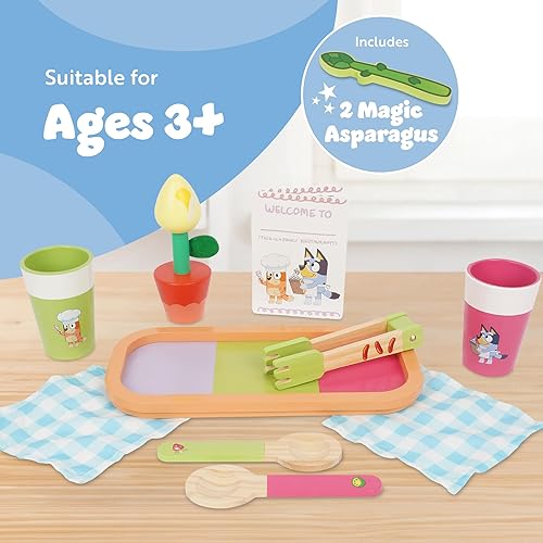 Miniatura 6 de Bluey - Cena con BLUEY Set, juego de juguetes de madera de 32 piezas con espárragos mágicos, platos, utensilios y más, perfecto para juegos de roles
