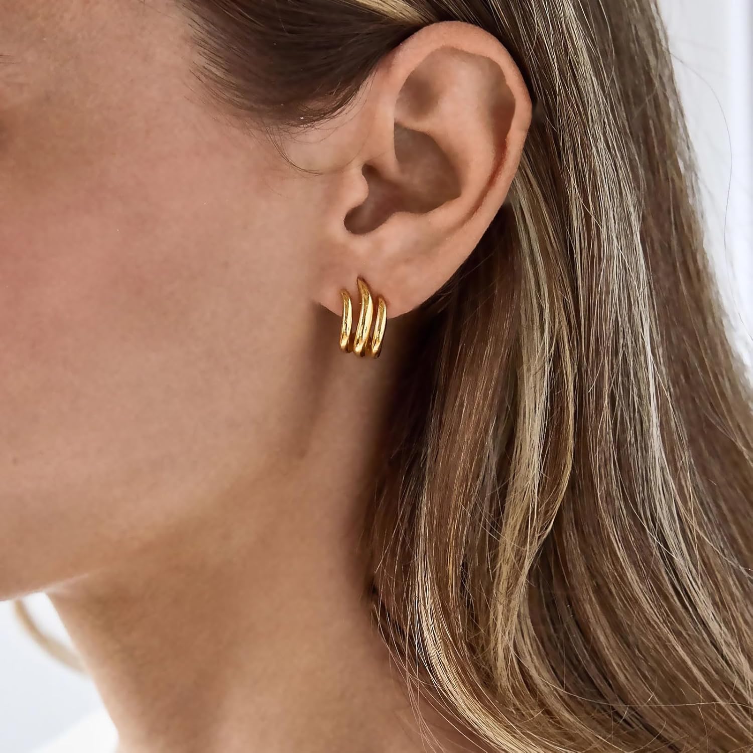 Obidos 14K Gold Plated Illusion Stud Earrings for Women | Triple Huggie Hoop Earrings for One Hole| Trendy Simple Hypoallergenic Fashion Accessories Gold Jewelry Gifts for Womens - Image 4