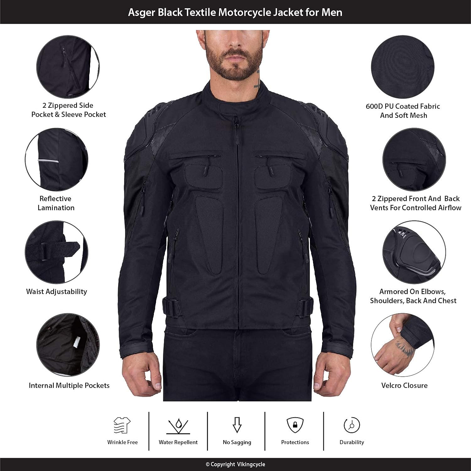 Viking Cycle Asger Textile Motorcycle Biker Jacket for Men with Removable Armor