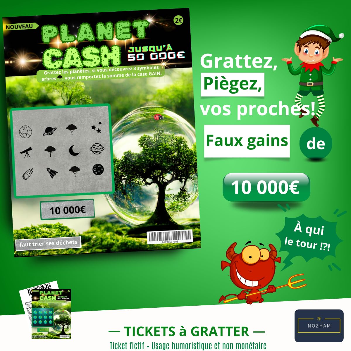 NOZHAM® X3 Faux Tickets à Gratter Gagnants Planet Cash – Gag avec Gain FICTIF 10 000€ – Blague – Farce Entre Amis - Anniversaire, Soirée, Noël, EVG/EVF