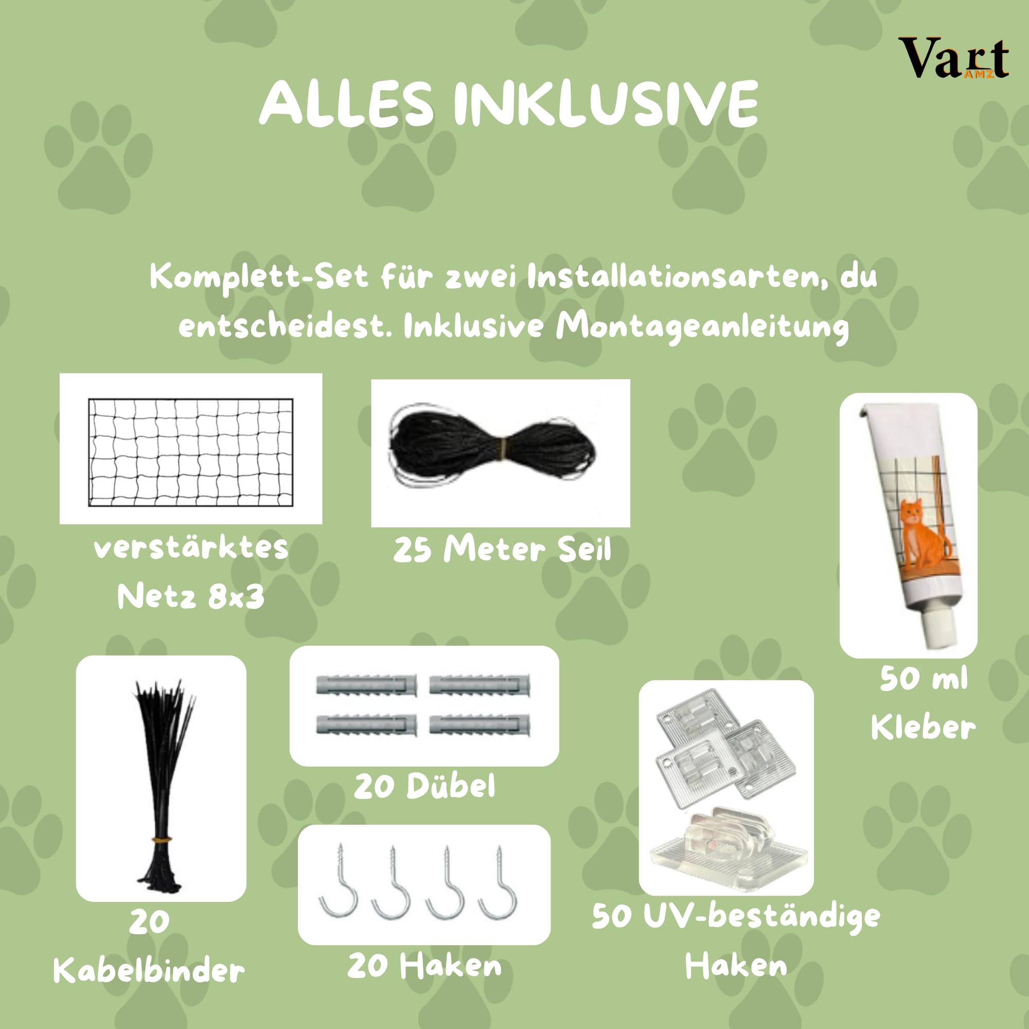 Verstärktes Schutznetz für Katzen, 8 x 3 m, mit Draht, Installationsset ohne Bohren