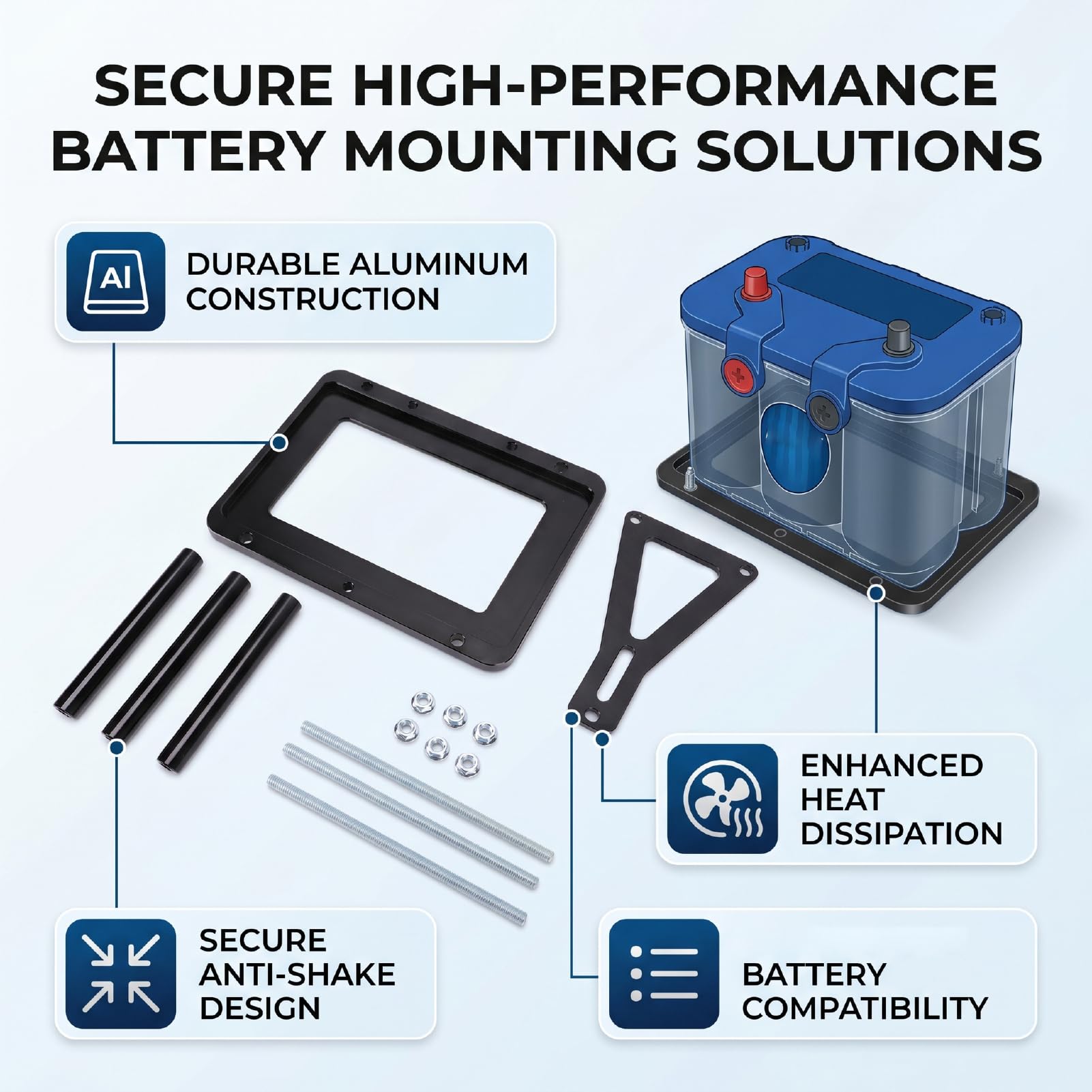 Yctze Batteriefach, Batteriehalterung, Kofferraumbatterie-Haltehalterung, Batteriehalterung aus Aluminiumlegierung mit Höhenverstellbarer Wärmeübertragung, Stoßfest