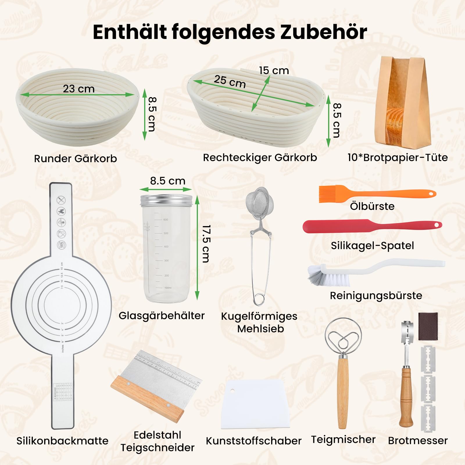 GEEKHOM Sauerteig Starter Set mit 2 Gärkorb Brot - 14-Teilige Backen Zubehör mit Gärkörbchen Rund & Oval, Sauerteigglas 650ml, Teigschaber - Sauerteigbrot Komplettset Für Anfänger