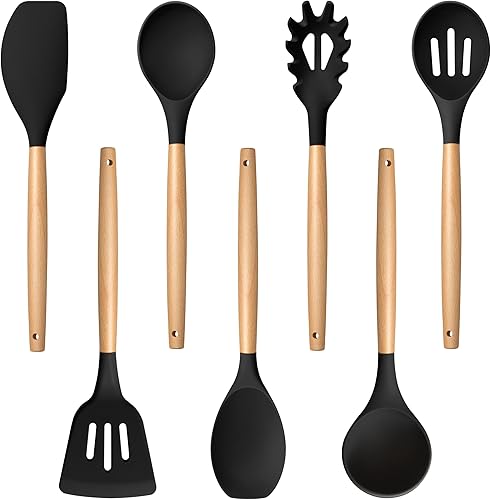 Miniatura 1 de TeamFar Juego de 7 utensilios de cocina de silicona con asas de madera, herramientas de cocina a prueba de calor para cocinar torneado, utensilios