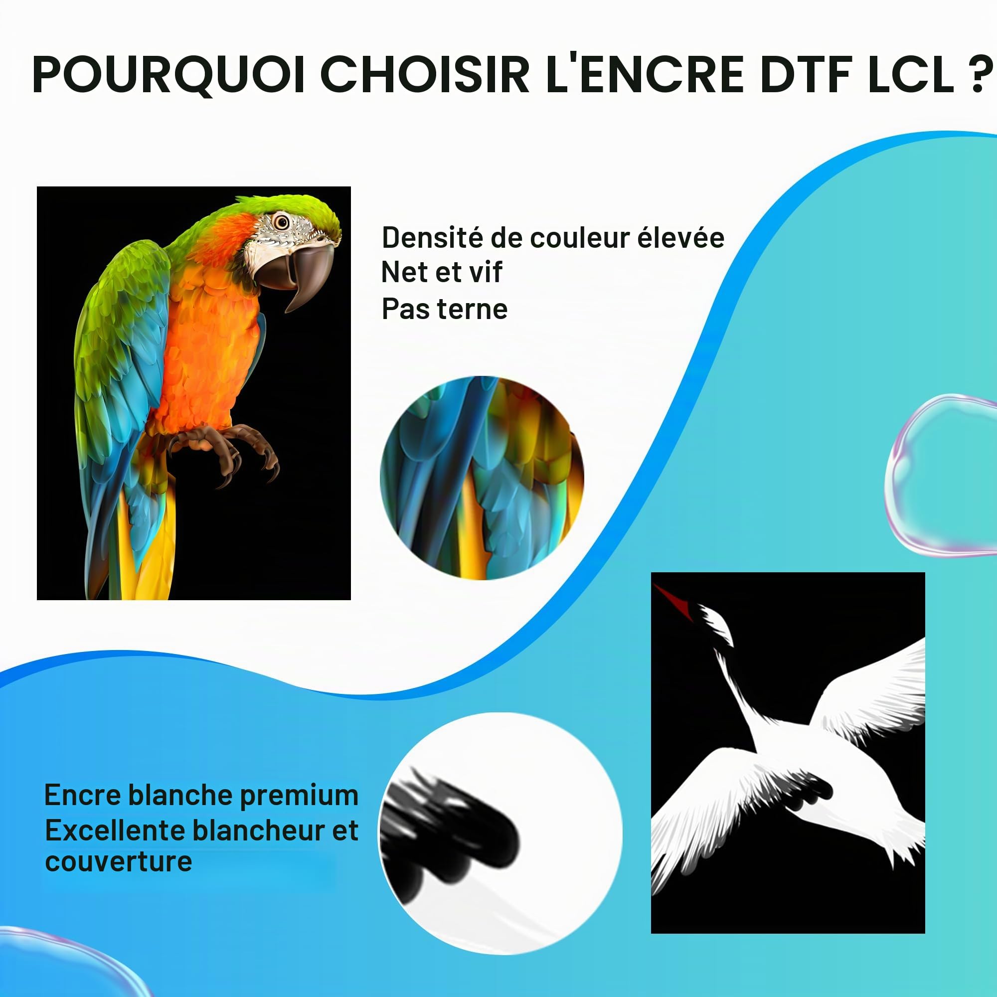 LCL 600ML Recharge d'encre DTF Premium Compatible pour Epson Impression de Film de Transfert Thermique Compatible pour Epson L800L1800 L805 R1390 4720 I3200 XP600 DX7 DX5 5113 (100ml x 6, CMYK 2WH)
