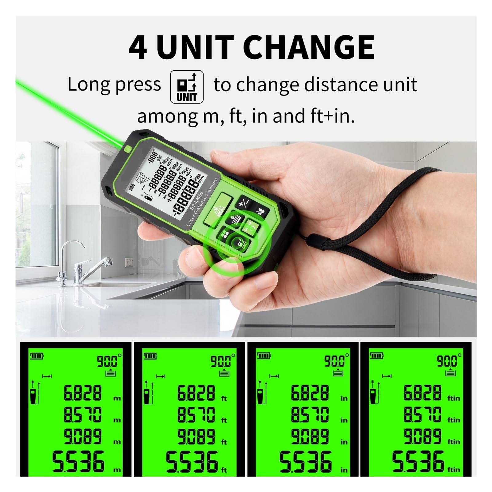 Misuratore Di Distanza Con Raggio Verde Ricaricabile Strumento Misurazione Del Telemetro M/in/Ft Sensore Angolare LCD Precisione Flessibilità Misurazione