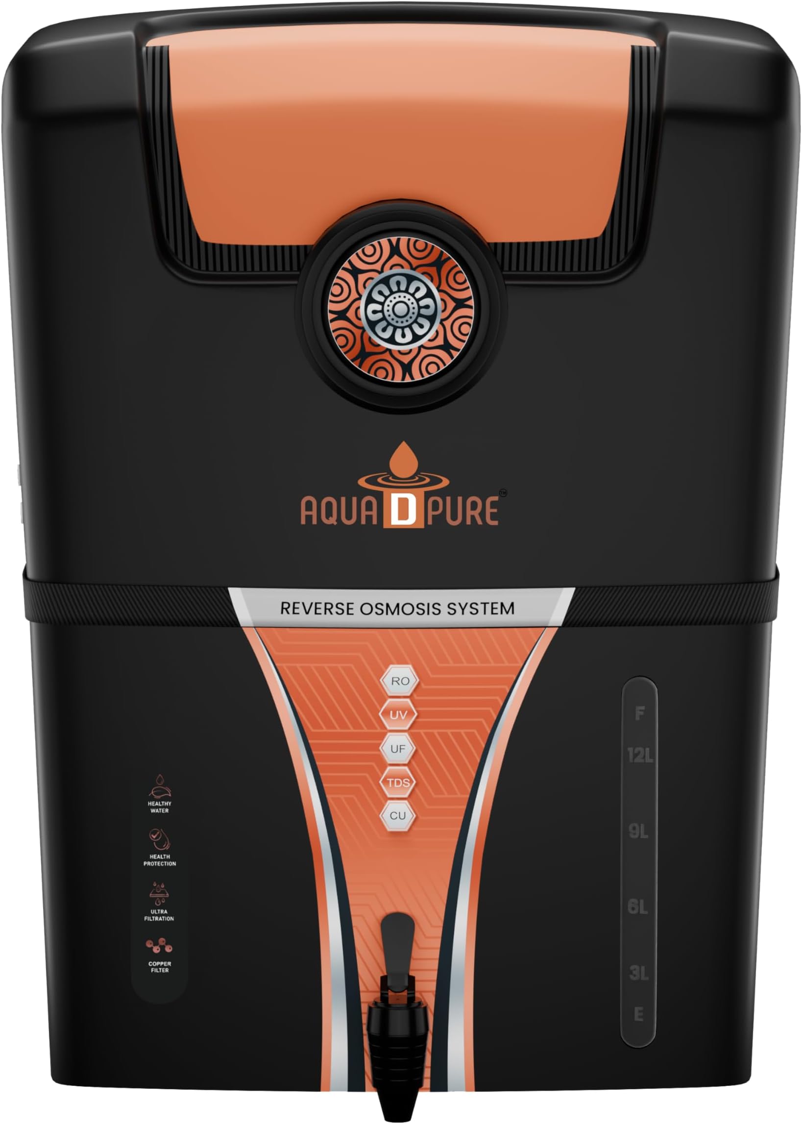 Bio Aqua Copper Infuser RO Water Purifier with 10 Stage Purification Filtration, UV, UF, TDS Adjuster and 12 Litre Large Storage Tank, Black