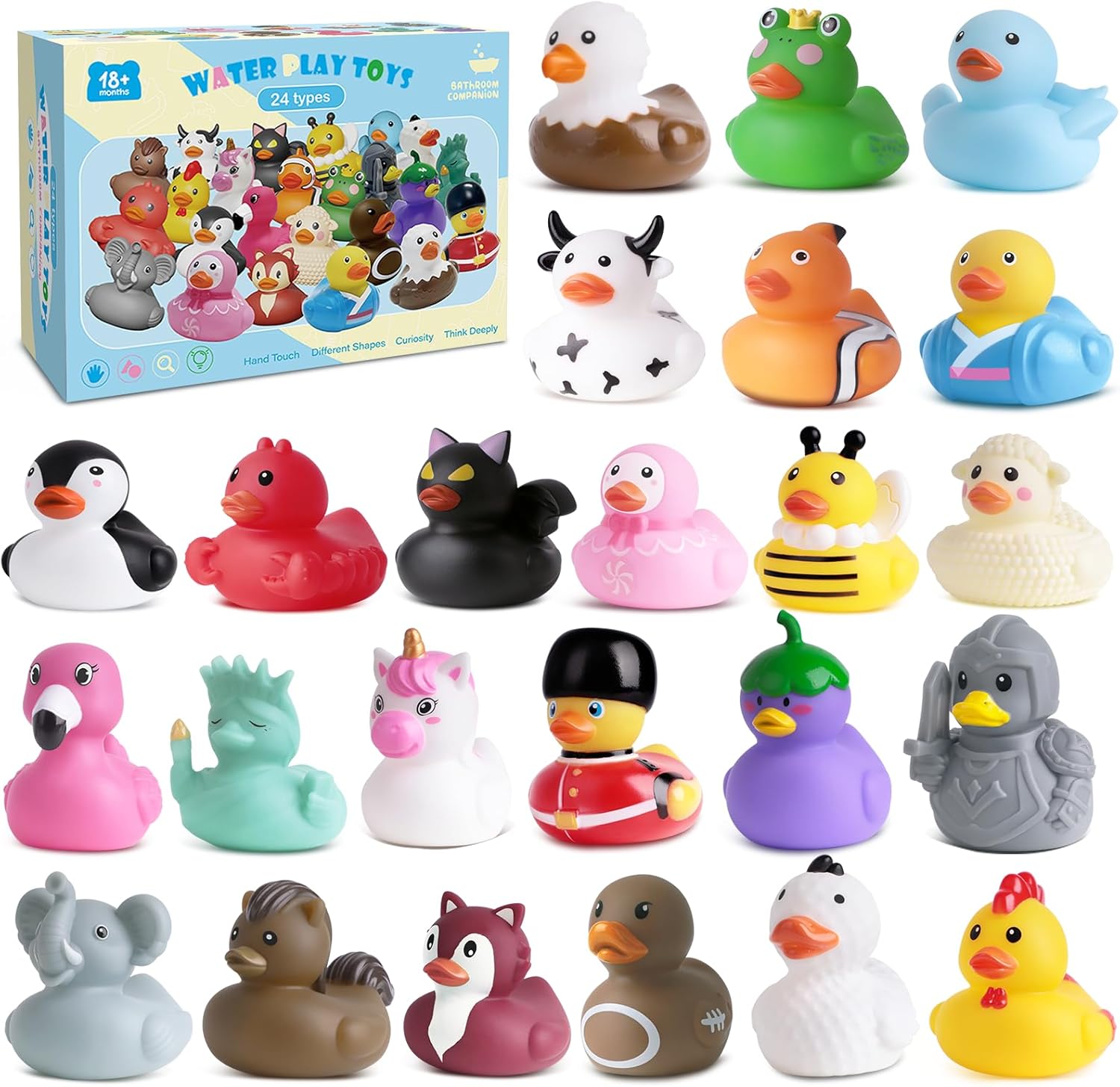 24 Rubber Ducks, Toddler Bath Toys, No-Hole Bathtub Toys for Baby Pool Toys for 18+ Months Girls Boys