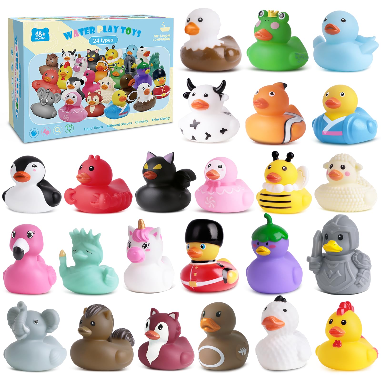 24 Rubber Ducks Bath Toys for Toddlers, No Hole Mold Free Bathtub Toys, Floating Water Toys for Baby Paddling Pool, Educational Sensory Toys for 18+ Months Boys Girls