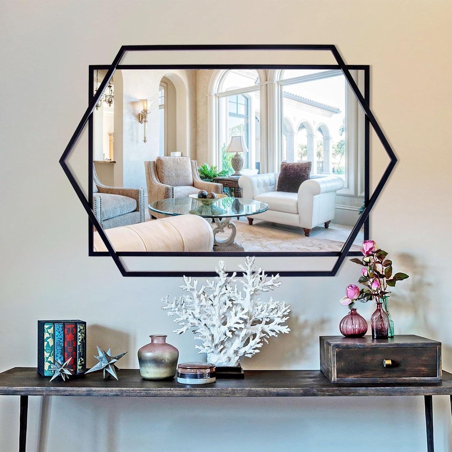 Black Decorative Mirror for Wall Decor, 26"x36" Large Hexagon & Rectangular Mirror with Metal Frame, Modern Accent for Living Room, Bathroom, Entrance, Bedroom, Dining Room Black 36"L x 26"W