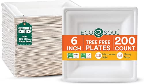 ECO SOUL 6 Inch Disposable Bagasse Paper Plates (200 Pack,