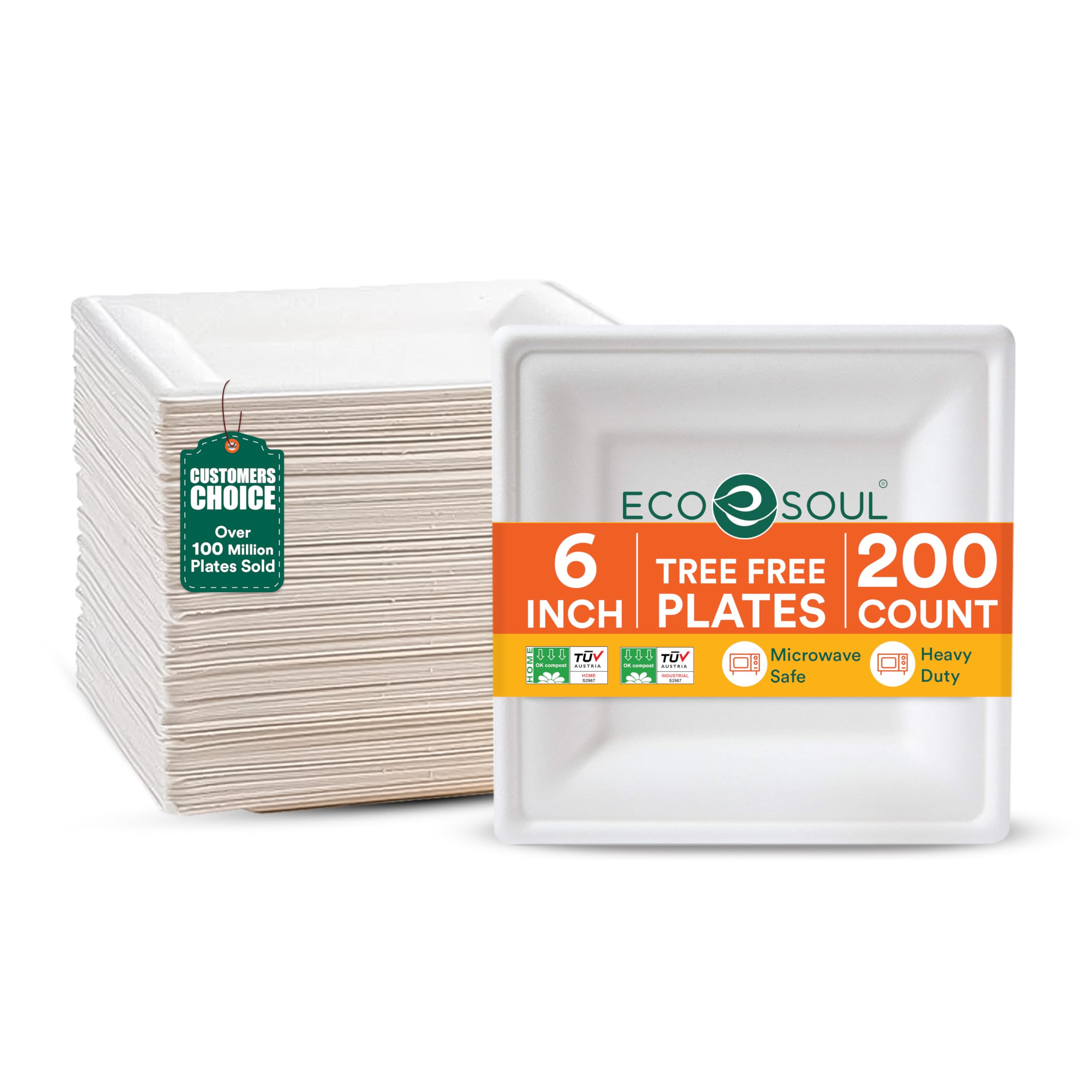 ECO SOUL Piatti di carta quadrati da 15,2 cm, colore bianco perla, 100% bagassa monouso, resistenti, ecologici, biodegradabili, in canna da zucchero, biodegradabili, adatti al microonde