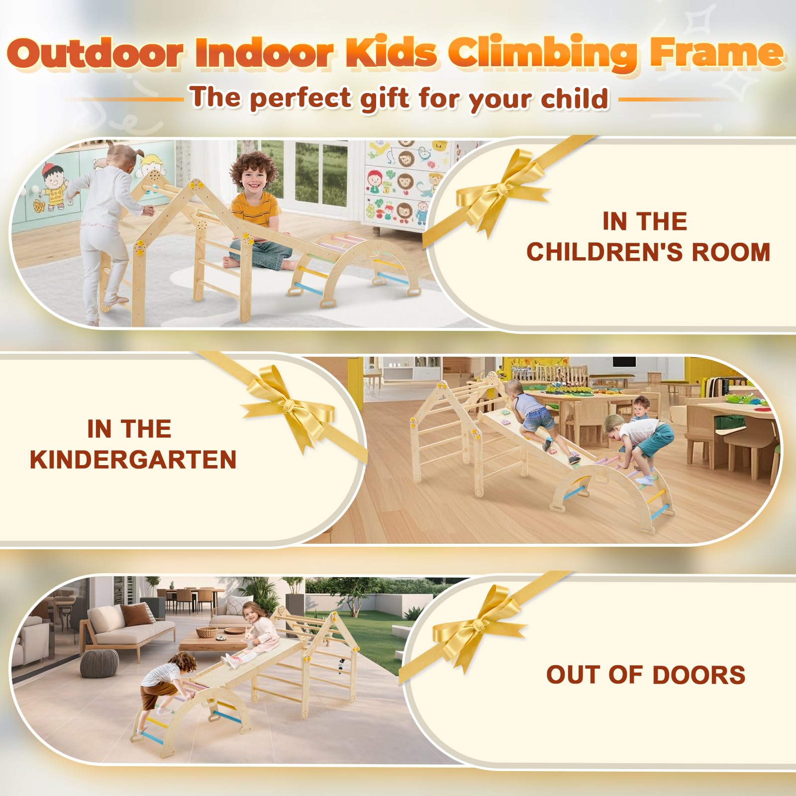 7-in-1 Montessori Klettergerüst Indoor ab 1 Jahr - Kletterdreieck mit Rutsche, Kletterbogen mit Kissen, Pikler Dreieck Baby Klettern Indoor Spielplatz Holz für Kinder und Kleinkinder