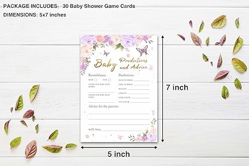 Miniatura 2 de Juego de baby shower para niñas, predicciones y consejos de bebé de mariposa morada para baby shower, decoración de fiestas de revelación de género,