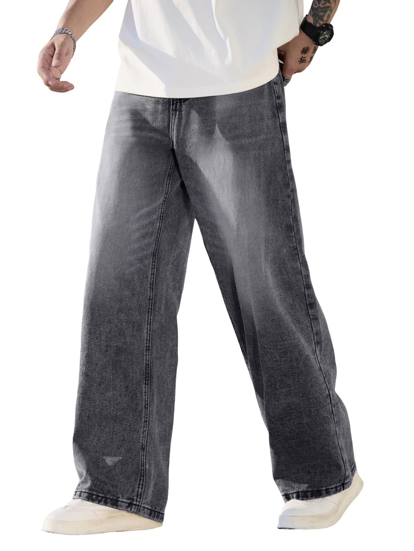 Zewool Herren Baggy Hip Hop Jeans Weite Beinform Skater Jeans Lässige Lockere Passform Denim-Hosen Streetwear