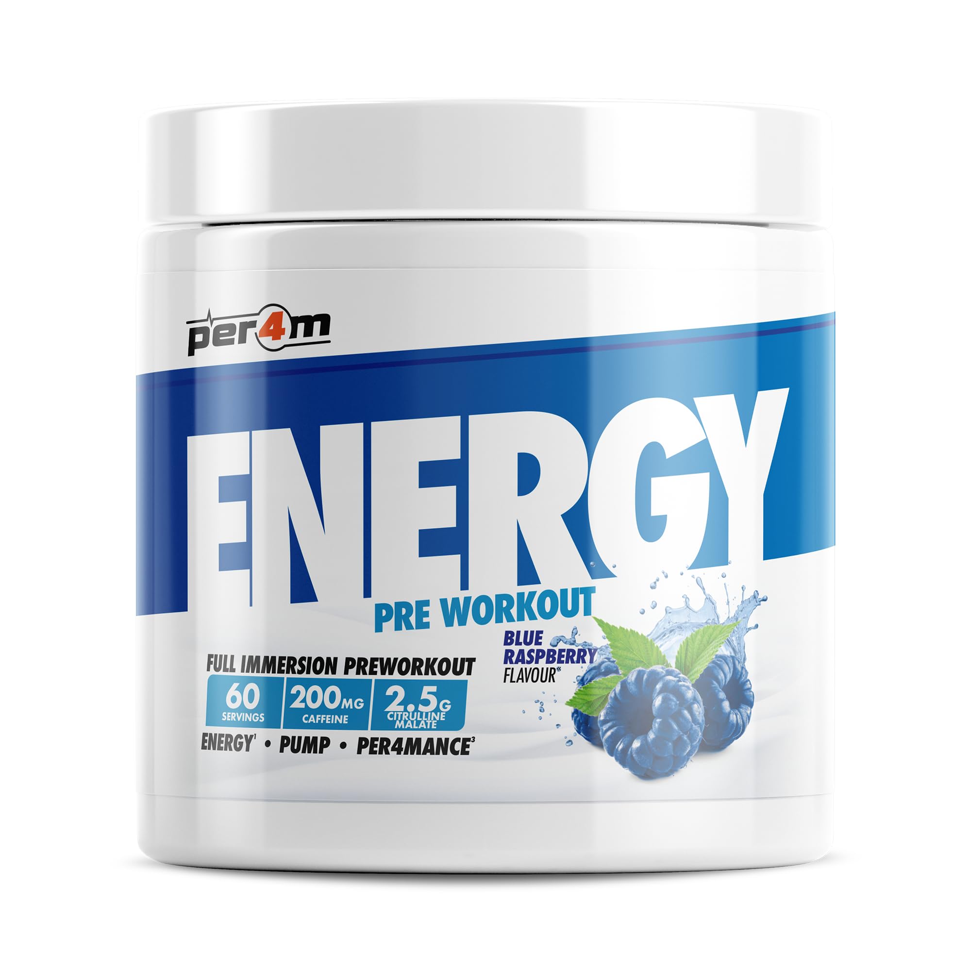Per4m Energy Pre Workout with Amino Acids | Caffeine, Tyrosine, Citrulline & Theobromine | Endurance, Focus & Sustained Power | 60 Servings (390g, Blue Raspberry)