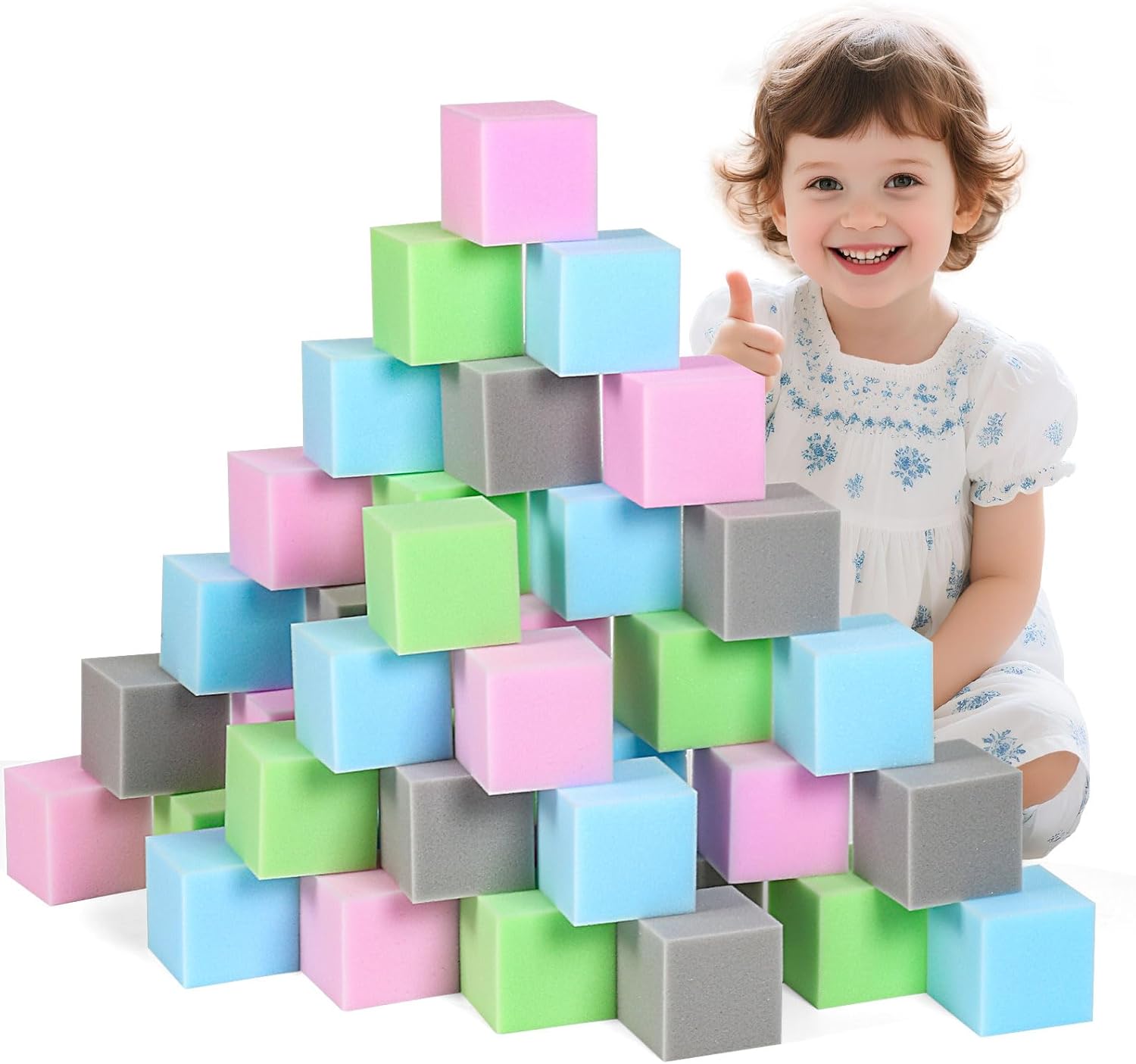 48PCS Kids Foam Blocks for Ball Pit - 3" Square Foam Blocks and Foam Cubes for Foam Pit, Soft Play Equipment, Toddler Gymnastics & Parkour Equipment - Blue/Pink/Green/Grey