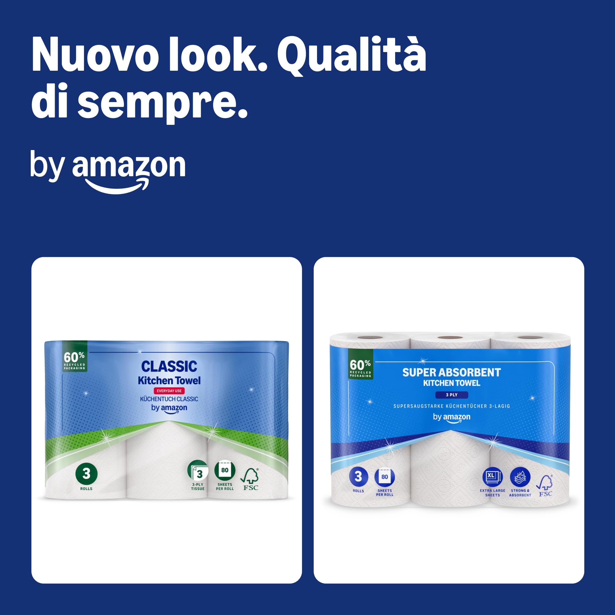 by Amazon, Carta da Cucina Super Assorbente, 3 Veli, 3 Rotoli (1 Confezione da 3), 80 Fogli per Rotolo, Certificata FSC (in Precedenza a Marchio Presto!)