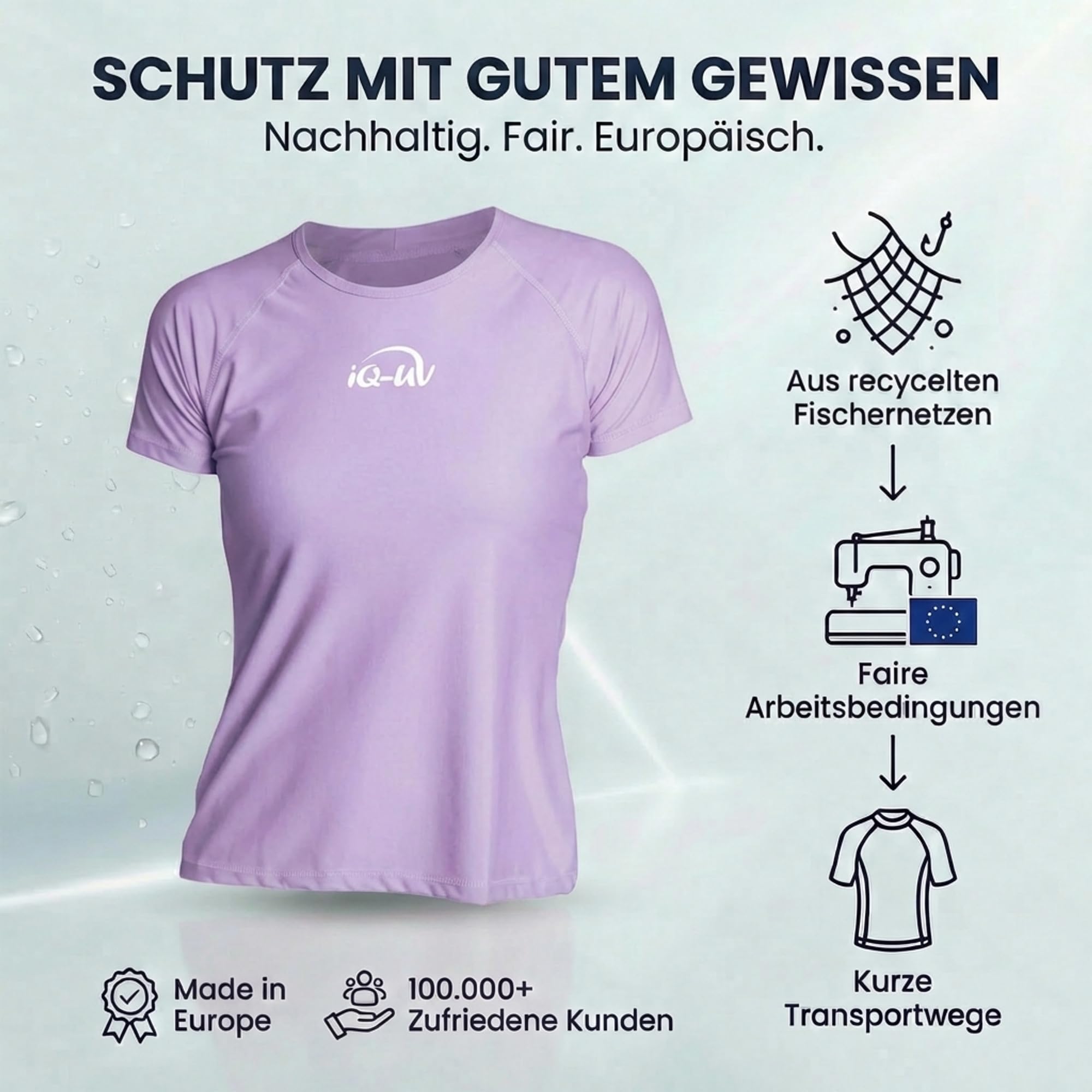 iQ-UV Shirt für Damen Kurzarm Lila L – Rash Guard Schwimmshirt für Frauen aus recyceltem Material – UV-Schutz Badeshirt zum Schwimmen, oder Sport – funktionales Surf-Shirt