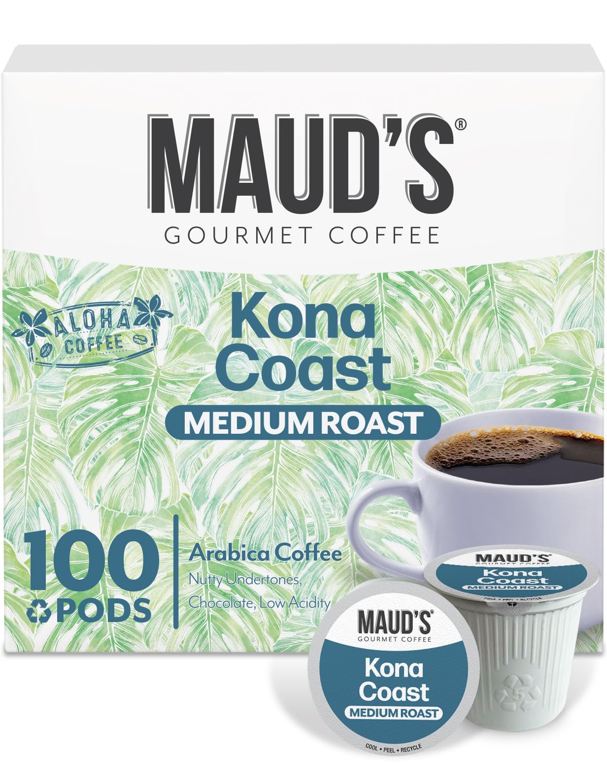 Maud's Kona Coffee Pods, 100 ct, Medium Roast Coffee in Recyclable Single Serve Pods – 100% Arabica Coffee, Compatible with Keurig K Cups Maker