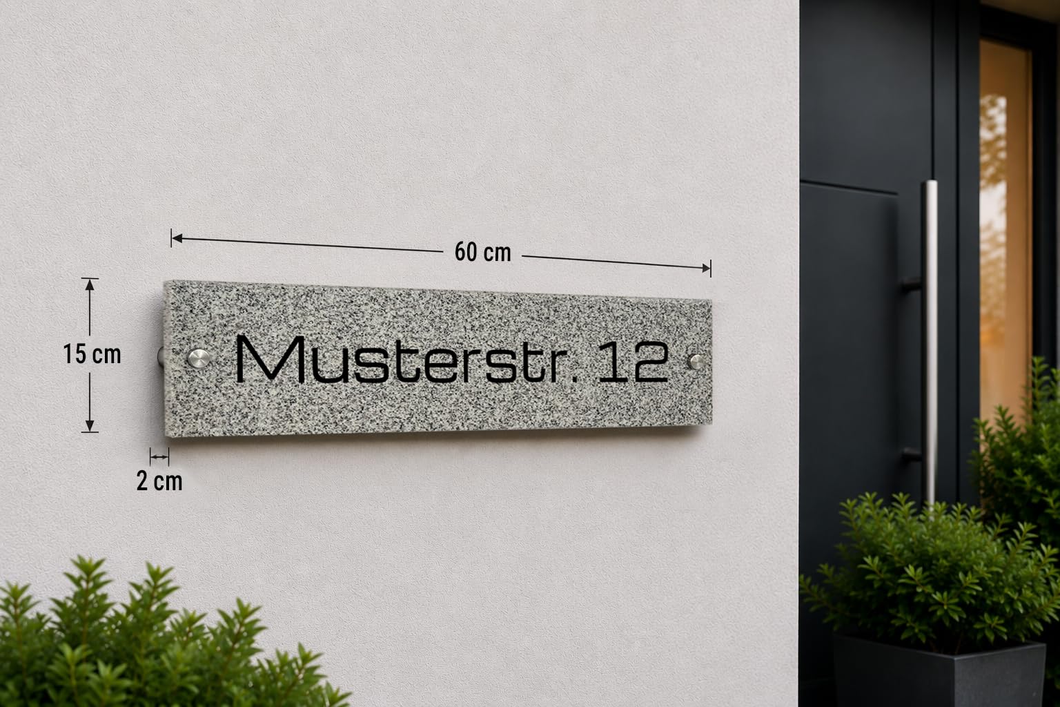 Straßennamenschild mit Hausnummer aus Granit 60x15 cm – Personalisiertes Hausnummernschild mit Gravur – Wetterfest, frostbeständig und UV-beständig (Grau)