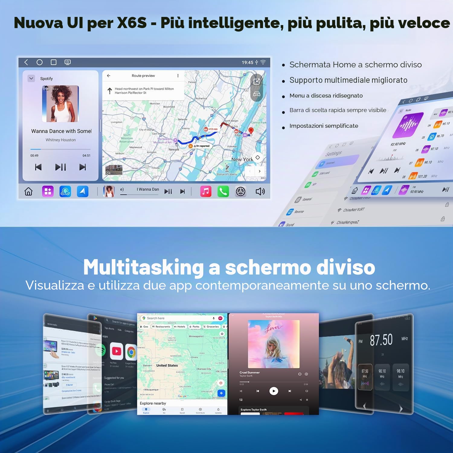 Eonon 10,95 pollici 1-Din con processore octa-core Android 13, 6+64 GB di RAM, 4G GPS, CarPlay, Android Auto, DSP, Bluetooth, mirroring dello schermo, schermo diviso e telecamera posterio