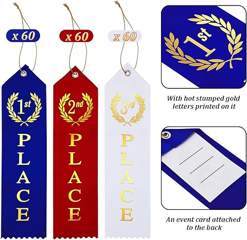 Miniatura 2 de 180 cintas de premio para el primer lugar, segundo y tercer lugar, juego plano con tarjeta de evento y cuerda para competición, eventos deportivos,
