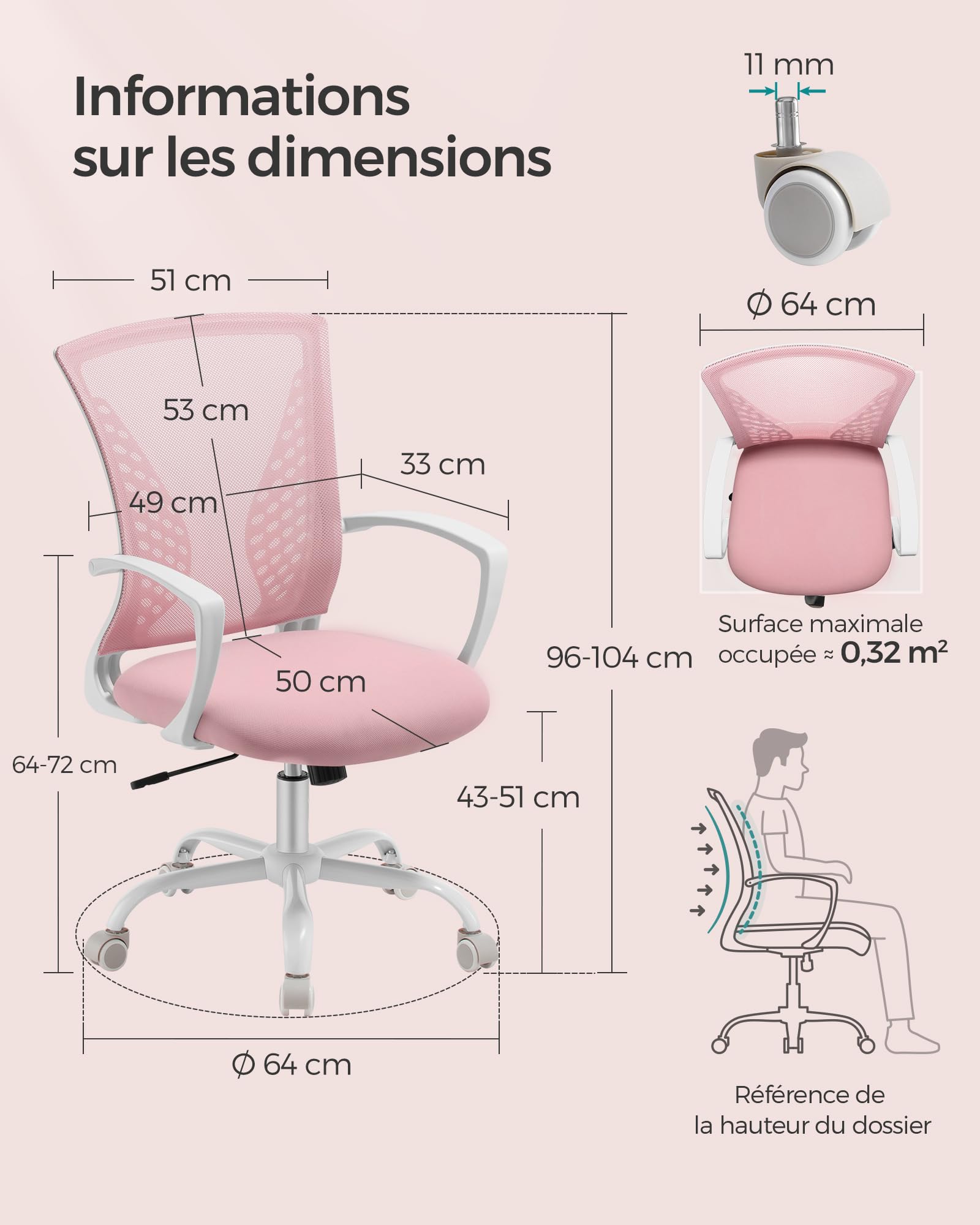 SONGMICS Fauteuil de Bureau en Toile, Chaise Ergonomique, pivotant