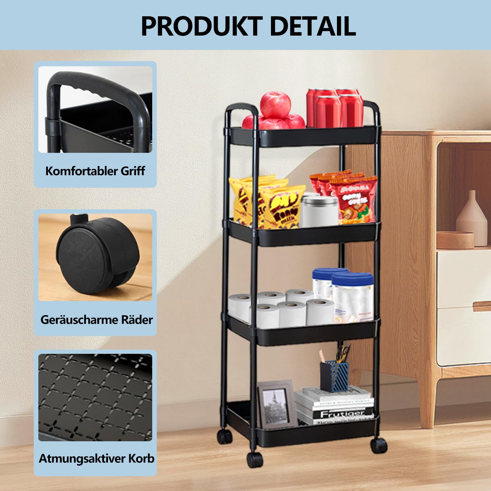 UUE Küchenwagen mit 4 Ebenen, Nischenwagen mit 4 Haken, Rollwagen Nischenregal auf Rollen, platzsparendes Badregal und Küchenregal für Wohnzimmer, Schlafzimmer, Bad, 100 x 36 x 24cm (Schwarz)