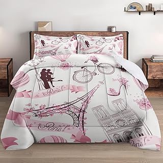 Full Size Comforter Set with 2 Pillowcases, Vintage Paris Tower Love Eiffel Soft Bedding Set for Kids and Adults Bedroom Bed Decor