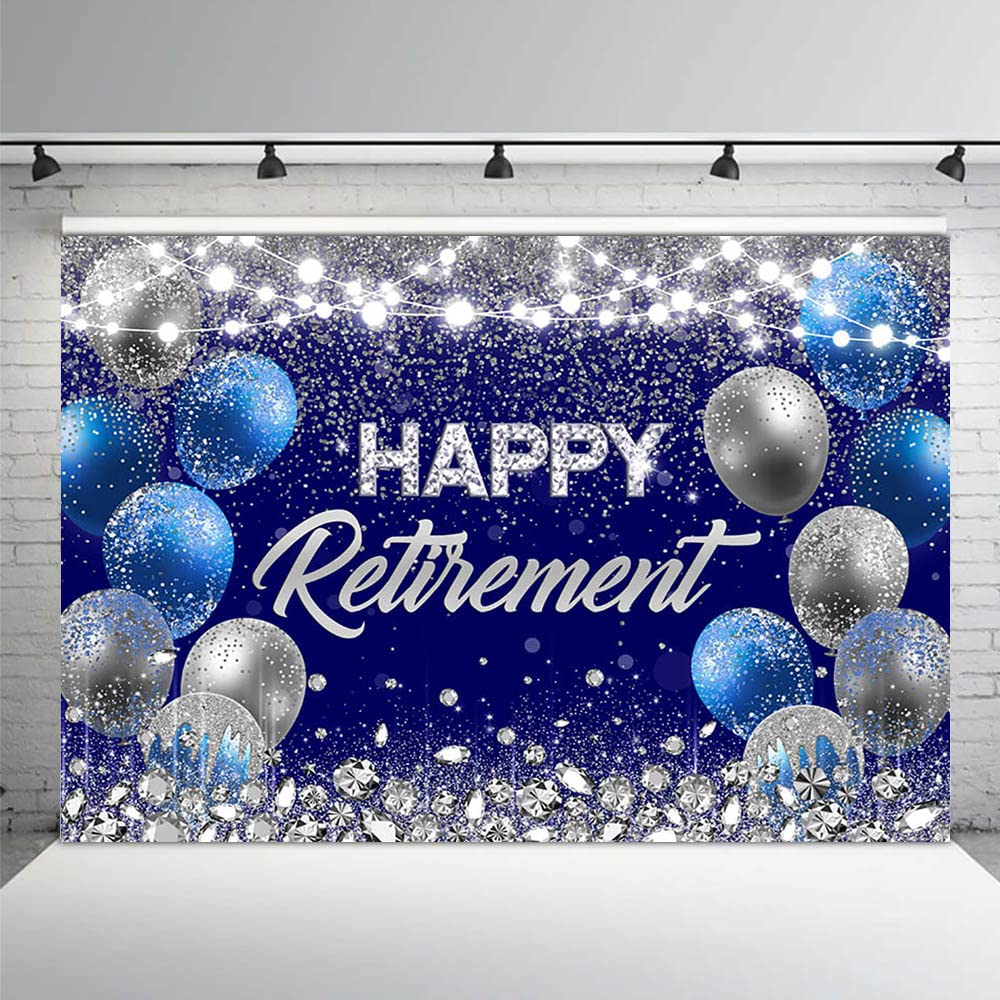 MEHOFOND 10x7ft Happy Retirement Party Backdrop Blue and Sliver Congrats Retire Photography Background Photo Glitter Balloons Cake Table Supplies