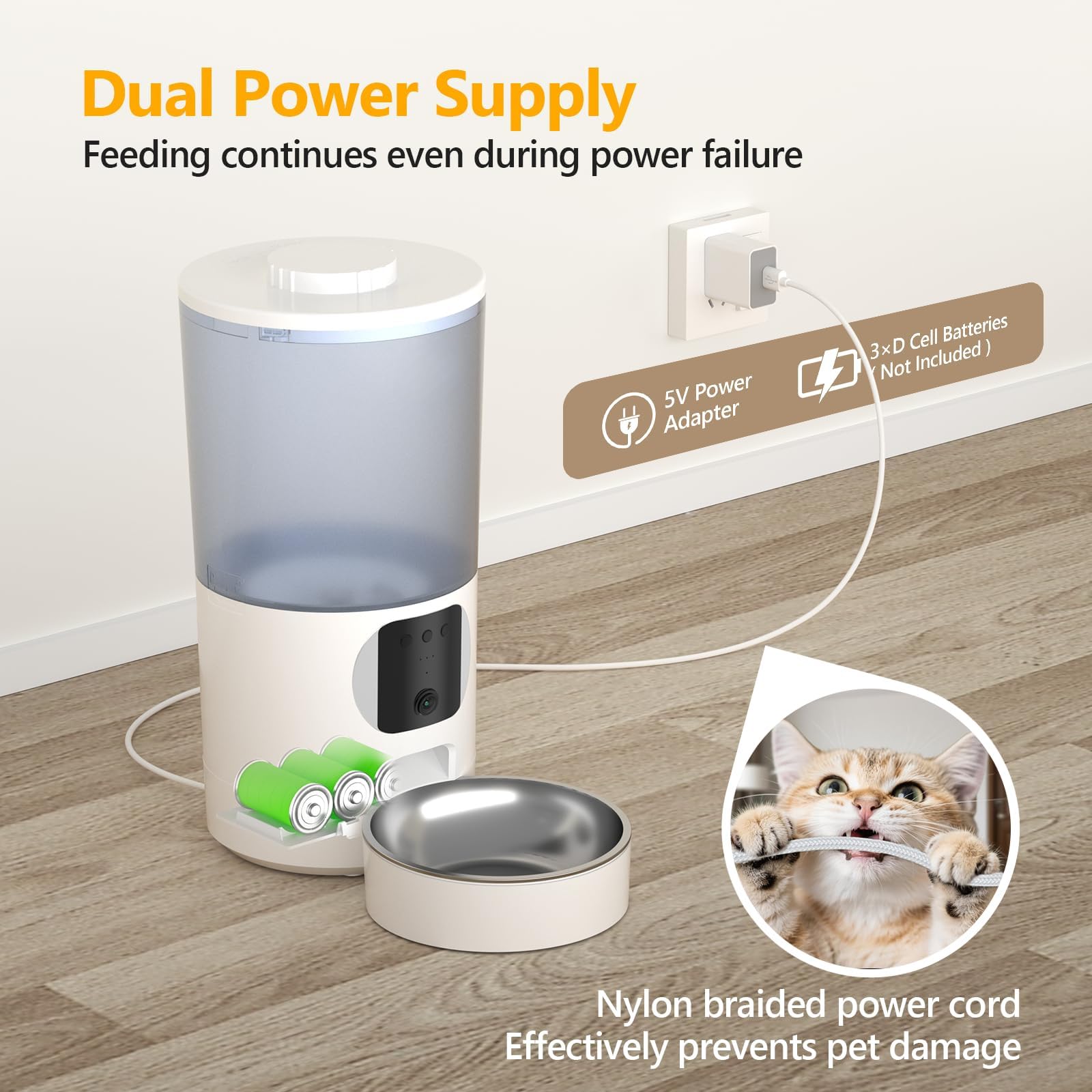 6L Distributore Automatico Cibo Gatti, telecamera WIFI 1080P HD, Ciotola inox, programmabile porzionato, anti-intasamento e chiusura automatica dell'uscita, batteria di riserva