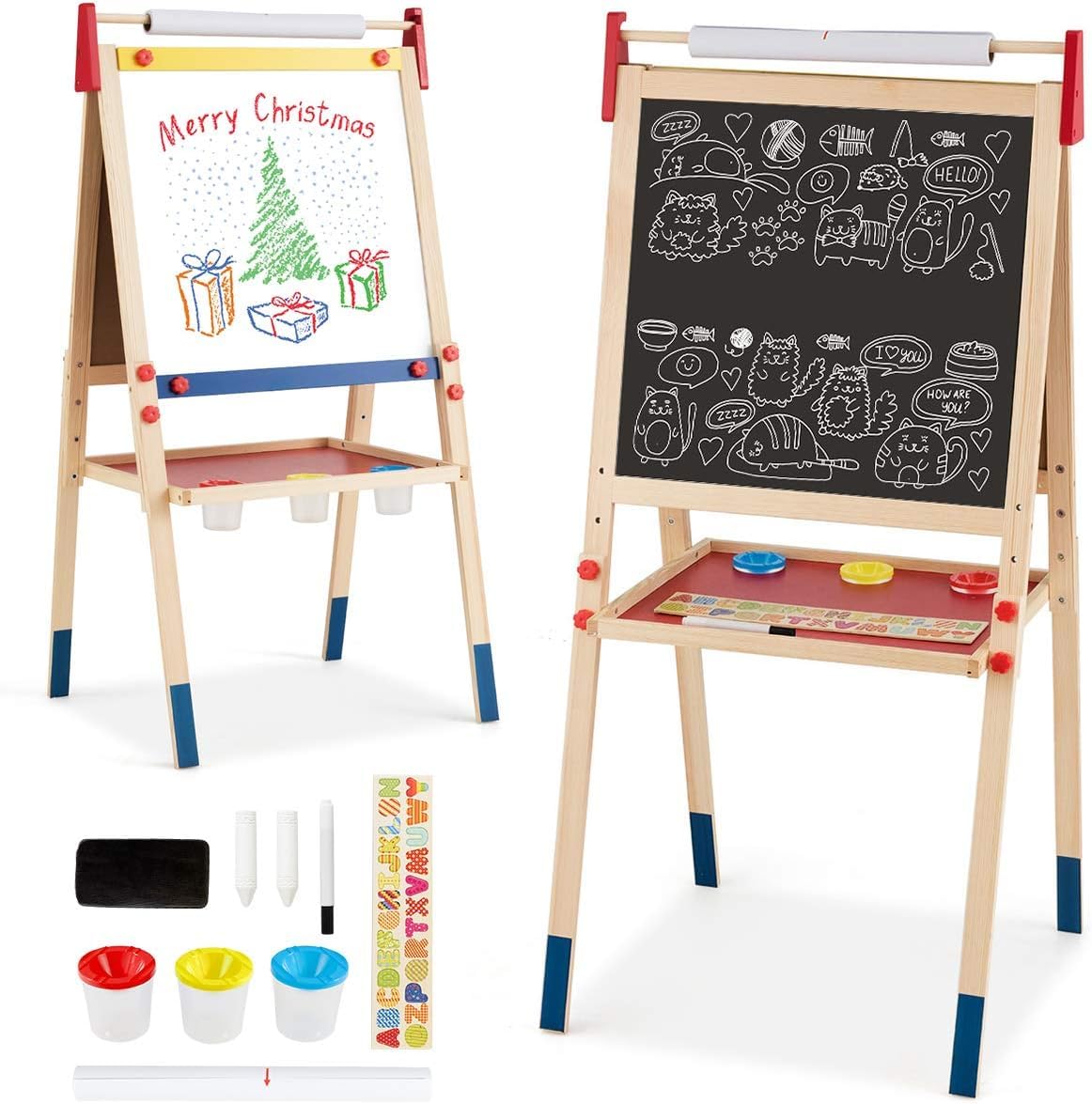 GYMAX Cavalletto per Bambini, Cavalletto con Altezza Regolabile,Lavagna a Doppia Faccia di Legno di Pino, con Rotolo Carta e Altri Accessori, 124,5x60,5x55 cm