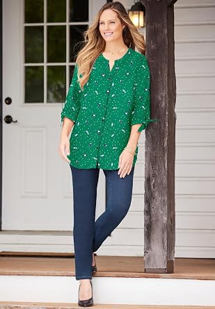 Catherines Georgette Button Down Tie Sleeve Cafe Blouse