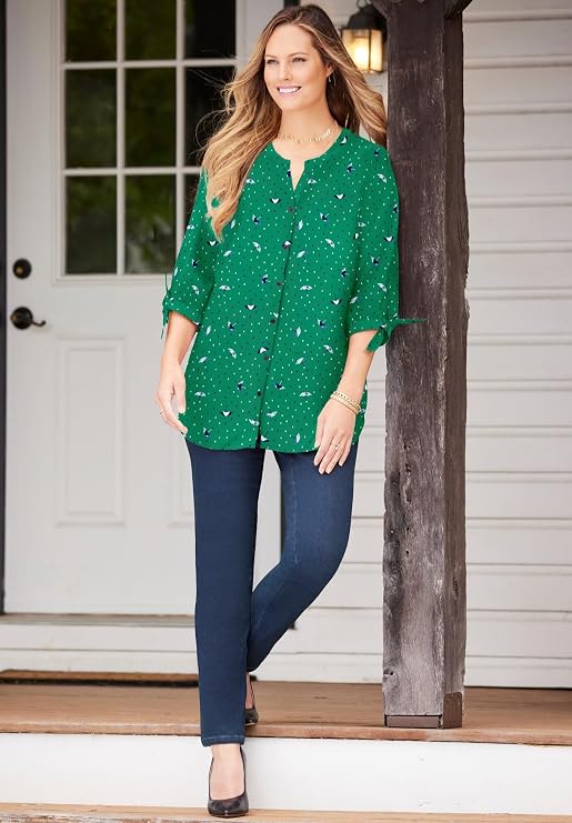 Catherines Georgette Button Down Tie Sleeve Cafe Blouse