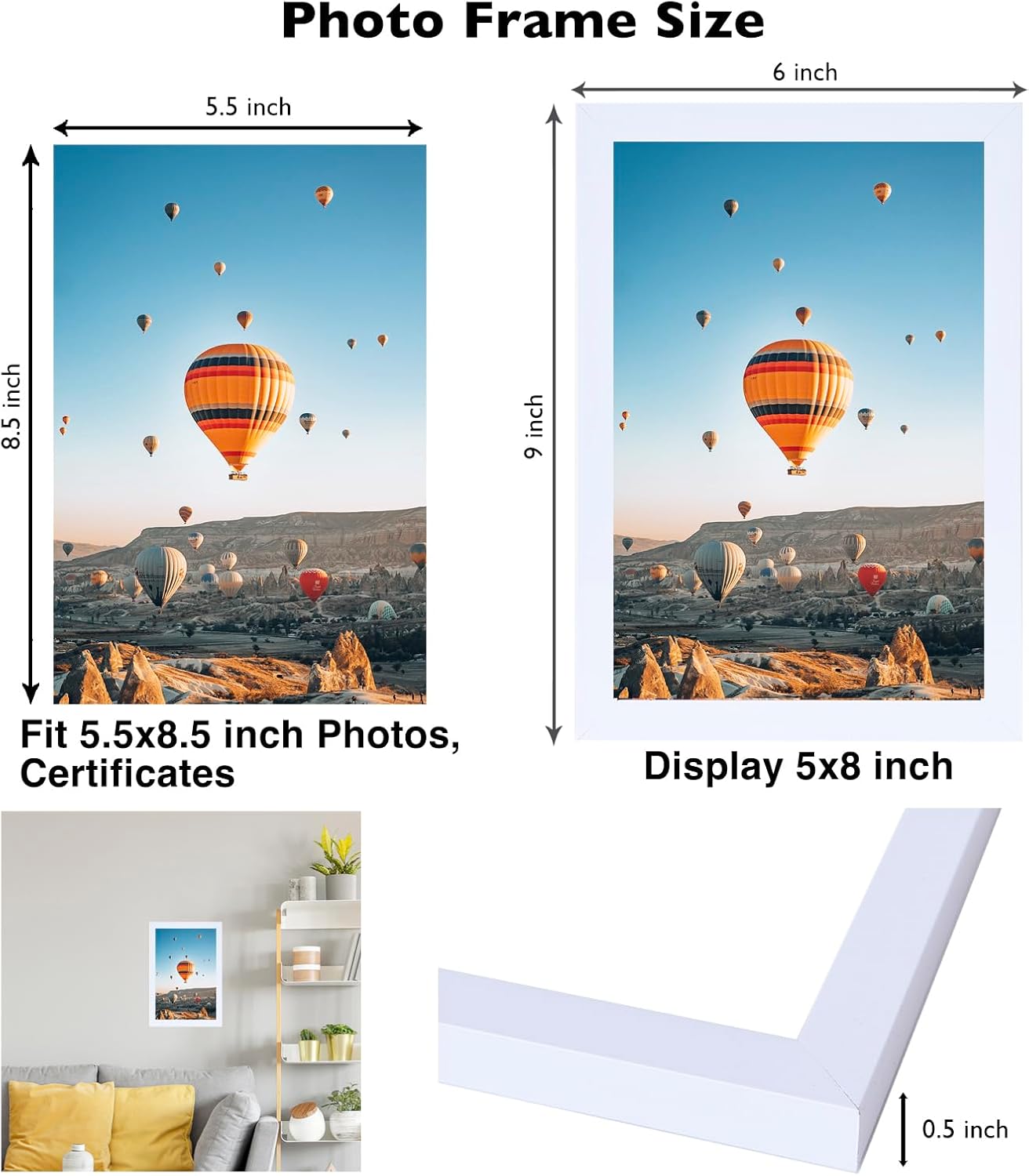 JCJMY 5.5x8.5 Picture Frame Set of 4 White for Wall Hanging or Tabletop, Wall Mounting Horizontally or Vertically, 5.5 x 8.5 Wall Photo Frame with Durable Shatter Resistant Plexiglass, 4 Pack, White