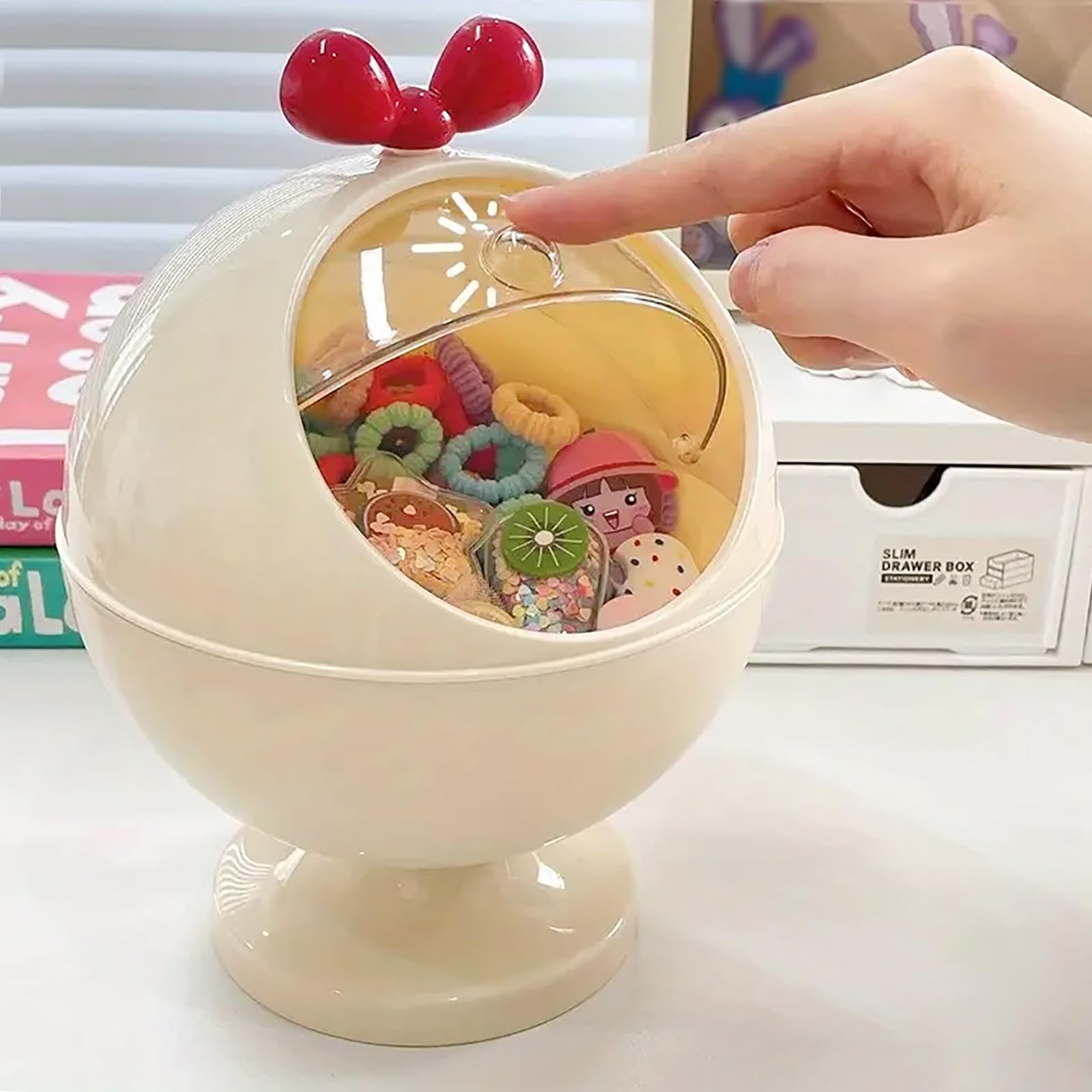 BQSAZHYJ Multi Functional Spherical Hair Accessories Storage Organizers, Vanity Accessories Storage Holder Dustproof Box with Lid for Scrunchie, Headbands, Claw Clips Cute Desktop Trash Can (beige)