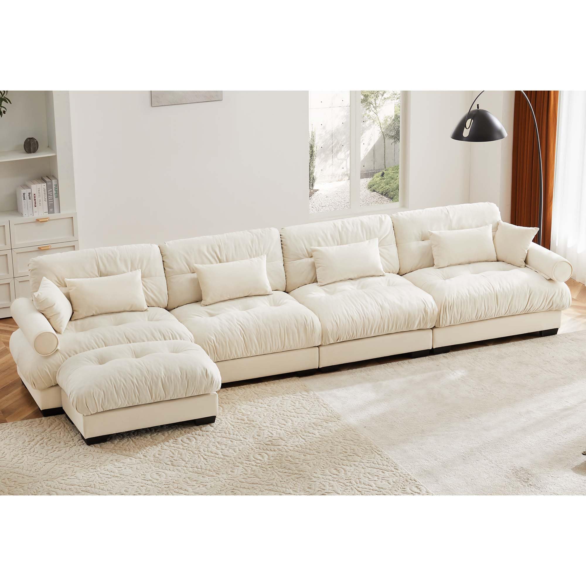 Ball &amp; Cast L Shaped Sectional Cloud Sofa,166" Modular Velvet Sectional Couch with Movable Ottoman,4 Seater Modular Couches w/Waist Pillow,Throw Pillows and Blostered Armrest,for Living Room,Cream