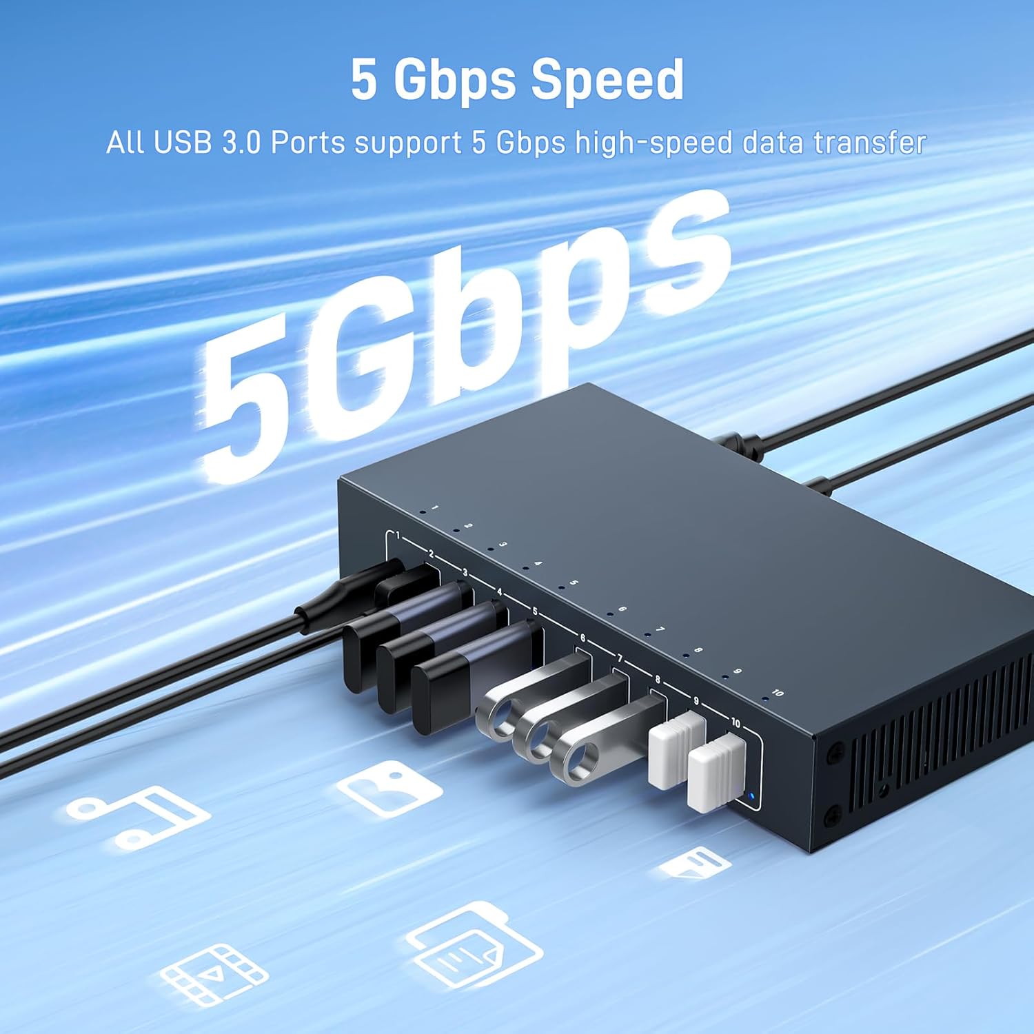 10 Port USB 3.0 Hub, Industrial Powered USB Data Hub with 12V/3A Adapter 105W Output ESD Protection, Rugged Metal Case Mountable USB Expander Splitter